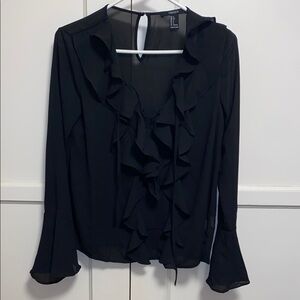 Forever 21 Small Black Ruffled V-Neck Blouse
